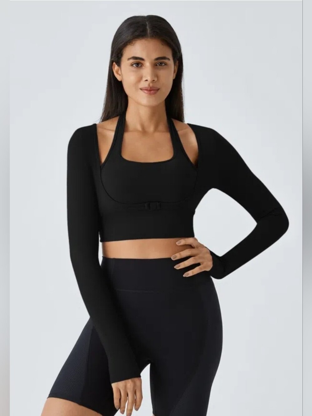 NWT Halara SoftlyZero Plush 2-in-1 Halter Long Sleeve Yoga Top Size Large Black
